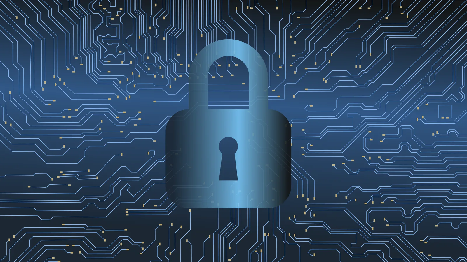 Illustration of a blue padlock over a printed circuit board pattern