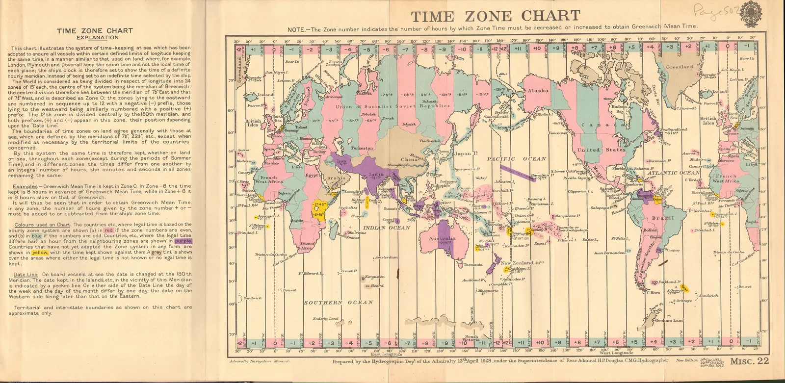 Historic British Admiralty chart of world time zones published in 1942 with coloured zone bands