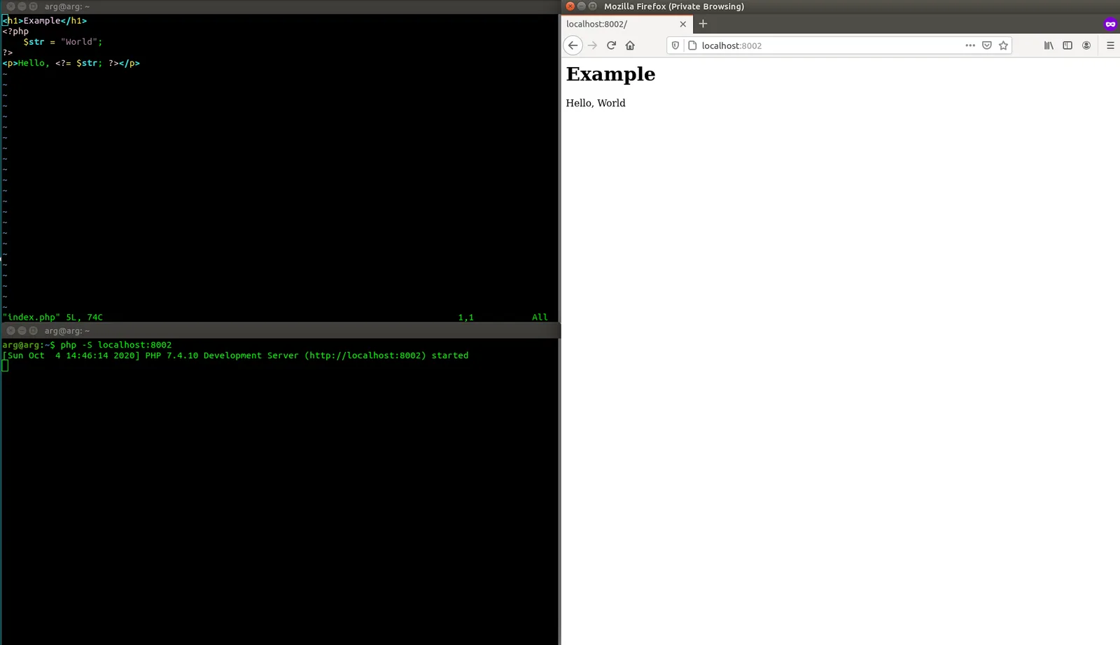 Desktop screenshot with a PHP source file, a terminal running a local server and a browser showing the output
