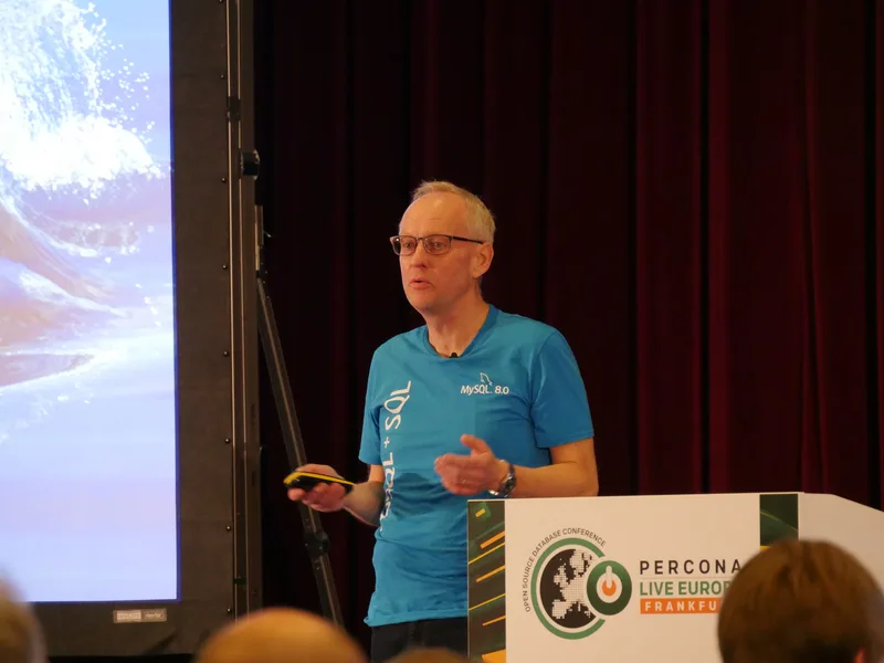 Geir Høydalsvik of Oracle presenting MySQL development plans on stage at Percona Live Europe 2018