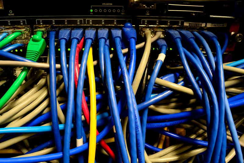 Dense bundle of blue, yellow and green Ethernet cables plugged into a network switch