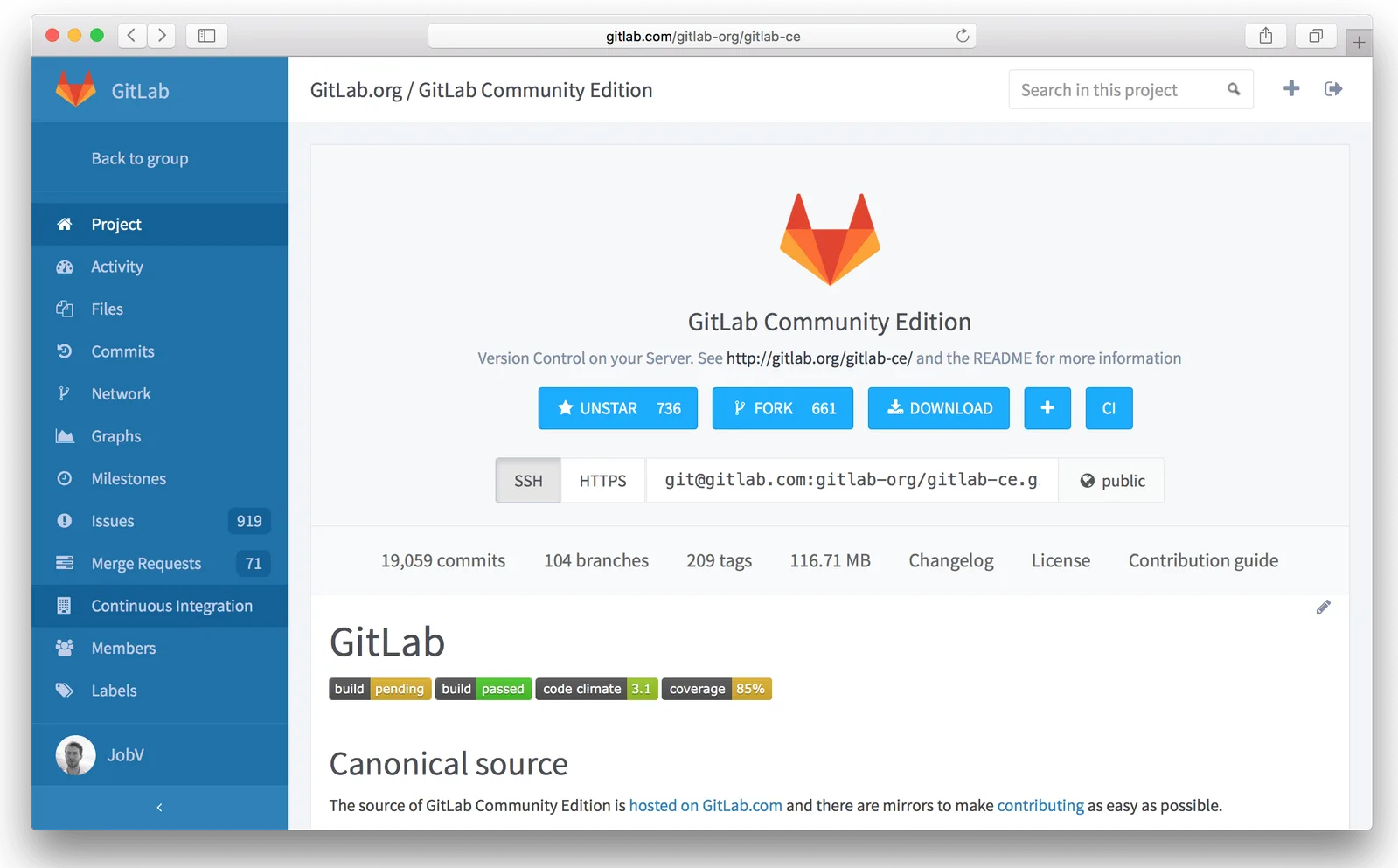 Screenshot of an older GitLab web interface showing a project page with navigation sidebar