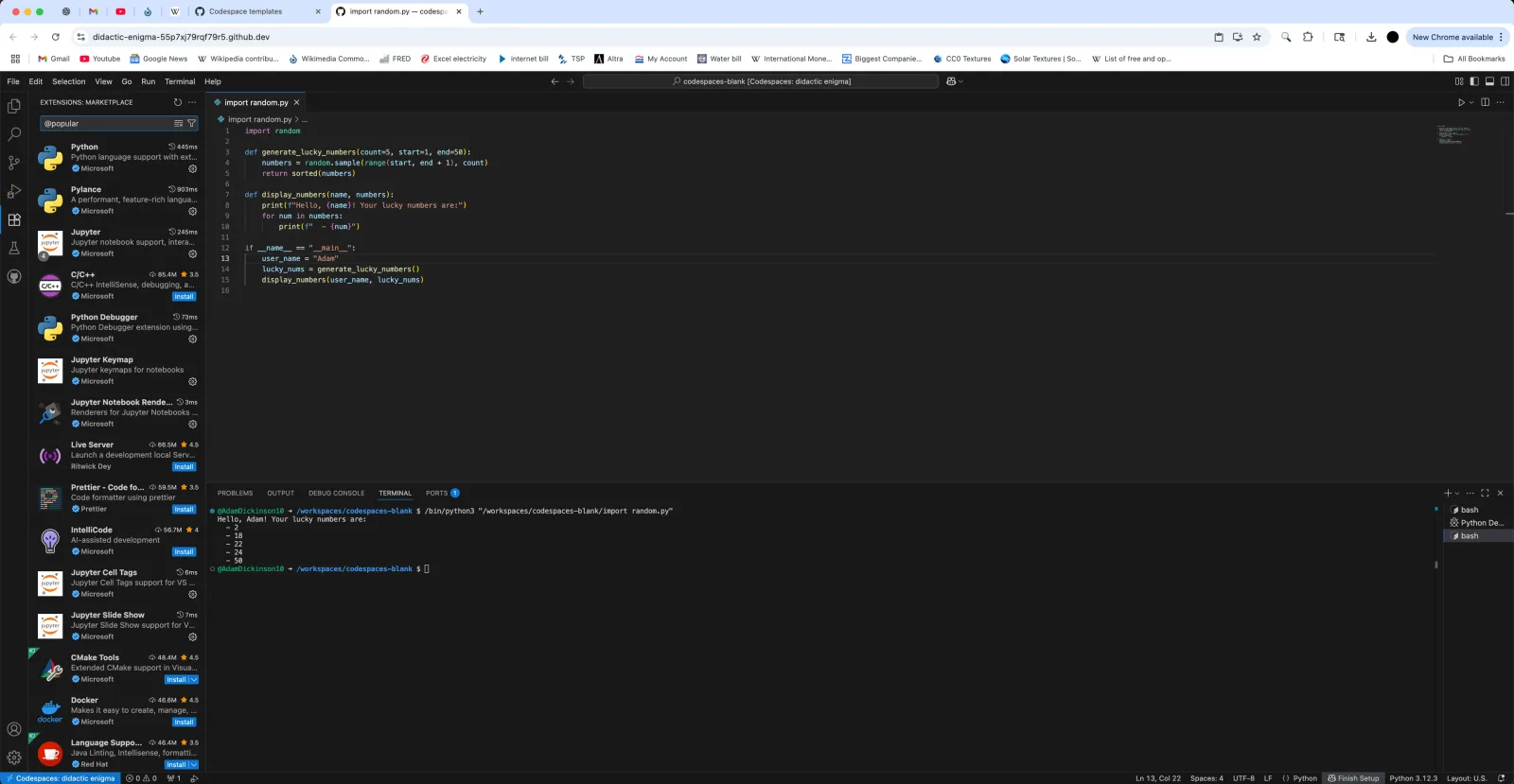 Screenshot of GitHub Codespaces showing a browser-based code editor with files and a terminal