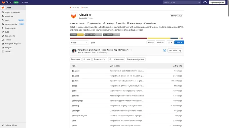 Screenshot of GitLab version 14.3 showing the main page of GitLab's own repository