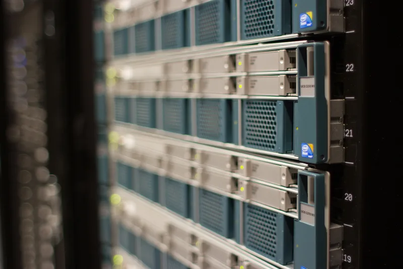 Close view of rack-mounted servers with network cables at a Wikimedia Foundation data centre
