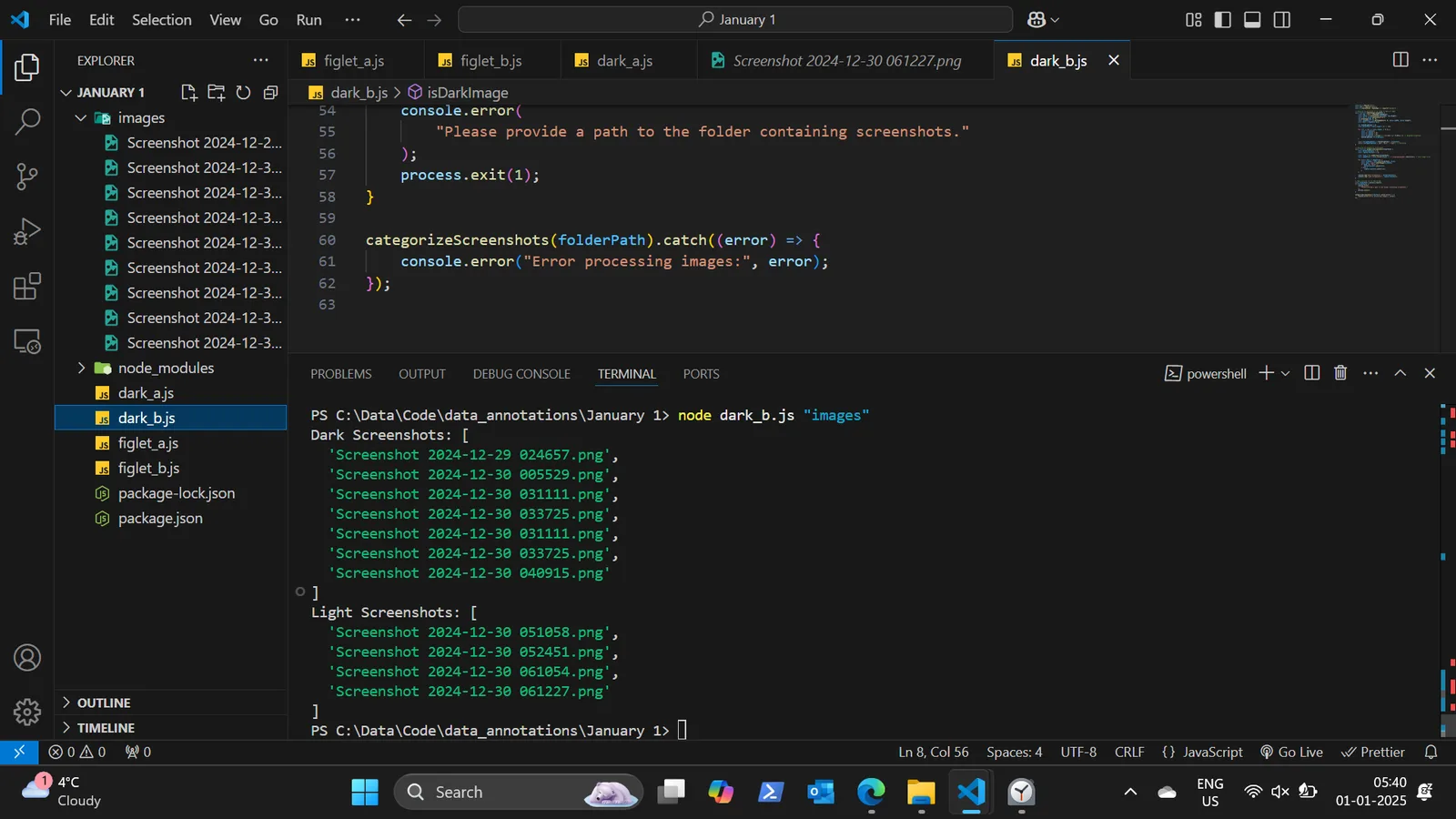 Visual Studio Code editor with source code open and a terminal panel showing command output