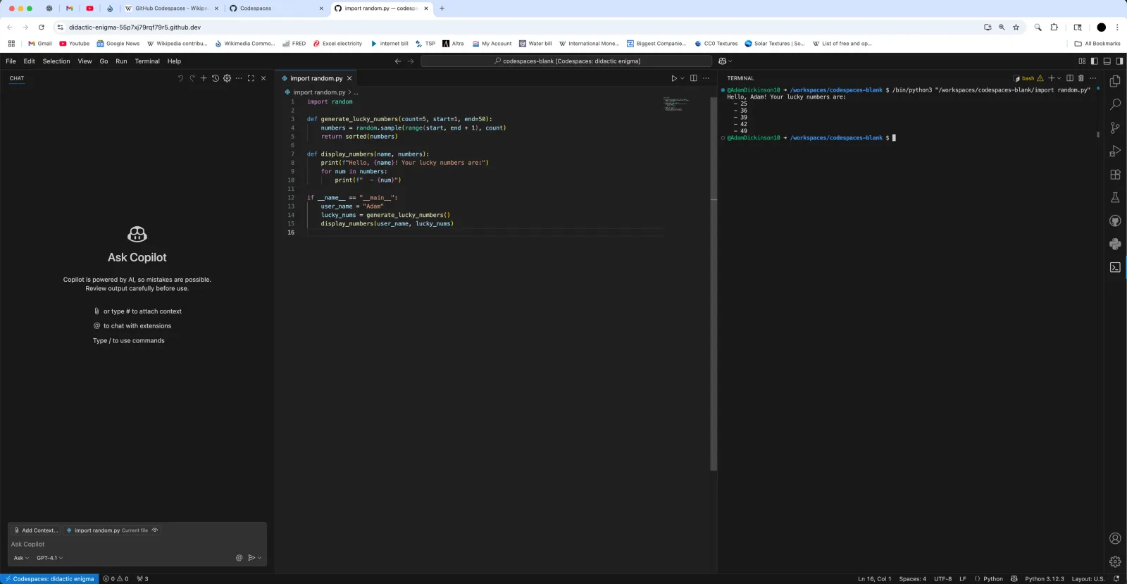 Browser-based code editor in GitHub Codespaces with code and a terminal shown side by side