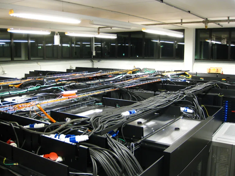 Server room at a computing centre with racks of networked computer equipment