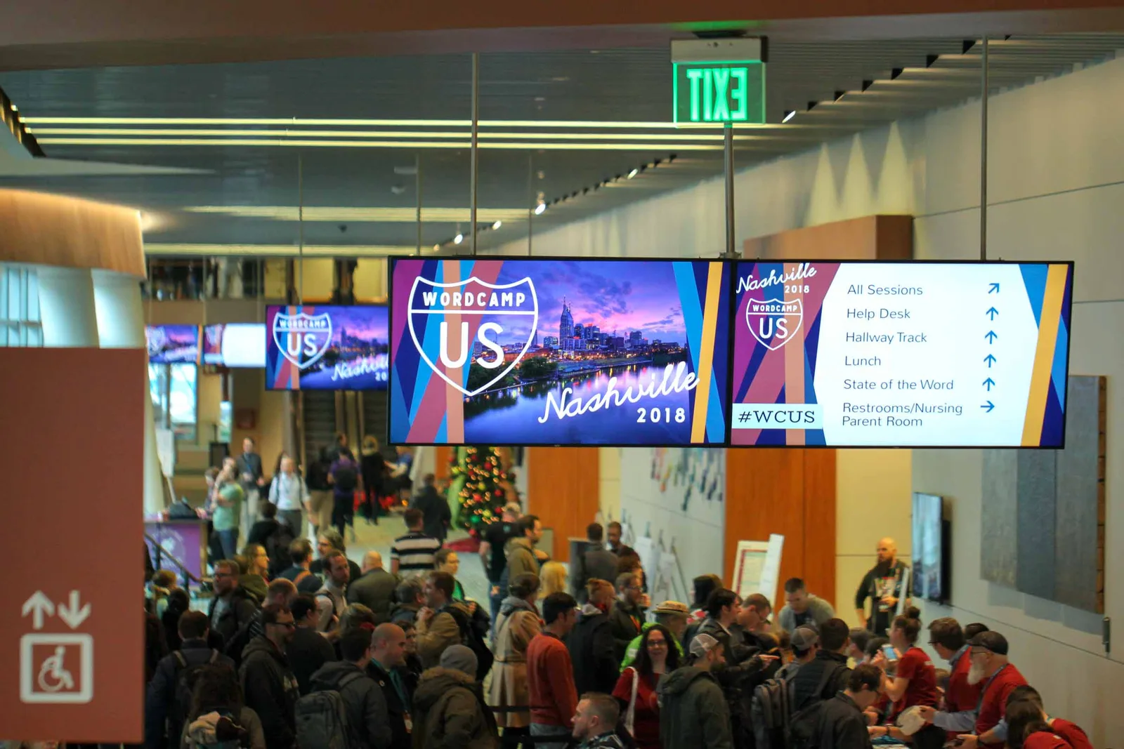 Event wayfinding signs designed for the WordCamp US venue in Nashville, Tennessee
