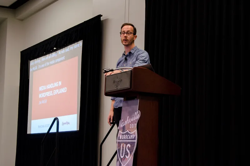 Joe McGill presenting a talk on media handling in WordPress at WordCamp US 2017