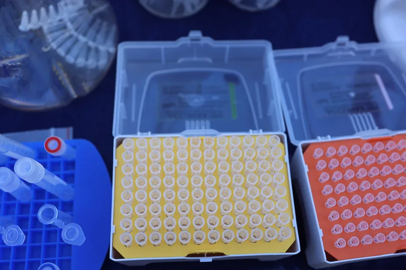 Two open boxes of disposable pipette tips in yellow and orange racks beside blue tube holders