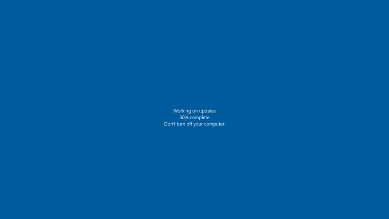 Blue Windows update screen reading Working on updates, 30% complete, Don't turn off your computer