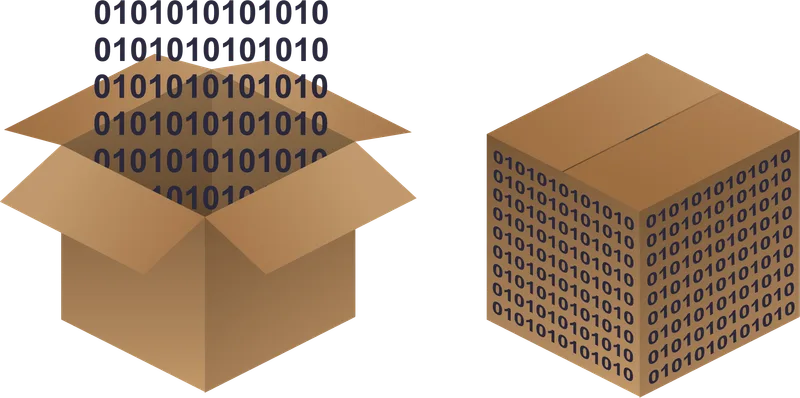 Two cardboard boxes, one open with binary digits rising out of it and one closed with digits printed on its sides