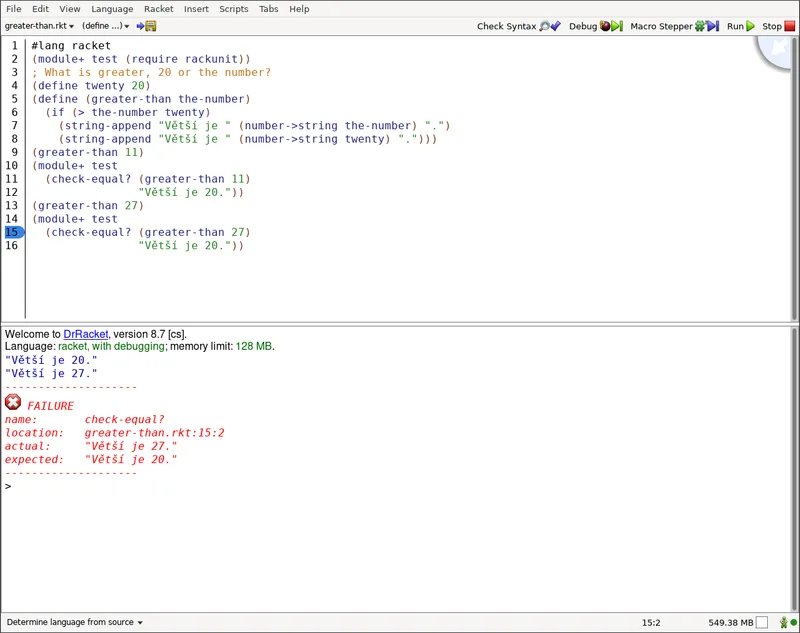 Code editor with a small test file above and a test runner panel below reporting a failed equality check with actual and expected values