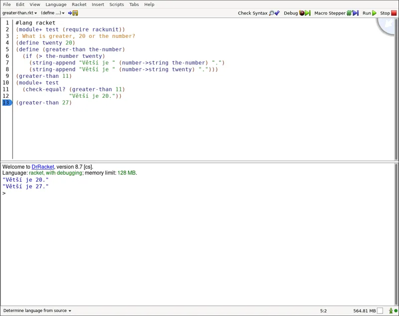 Screenshot of the DrRacket editor with a small program and a unit test module, and the results pane below