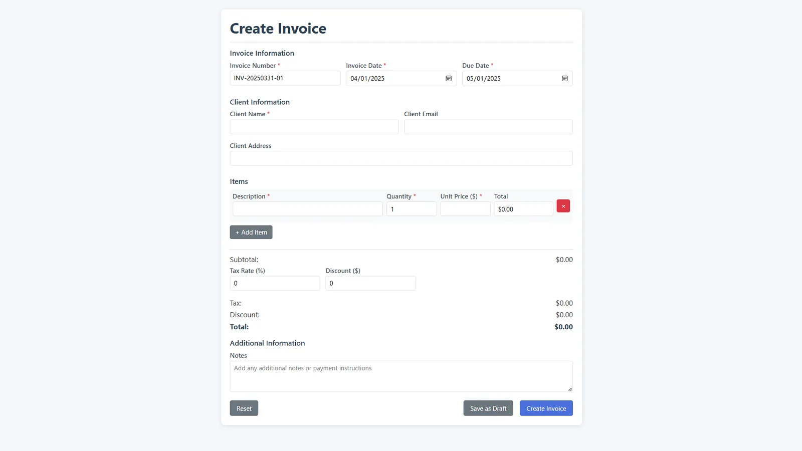 Screenshot of a Create Invoice web form with required invoice, client and item fields marked by asterisks