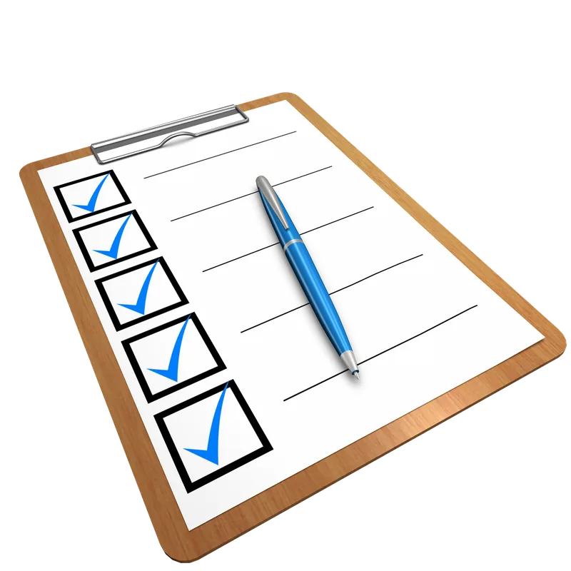 Illustration of a clipboard checklist with every box ticked and a blue pen lying across it
