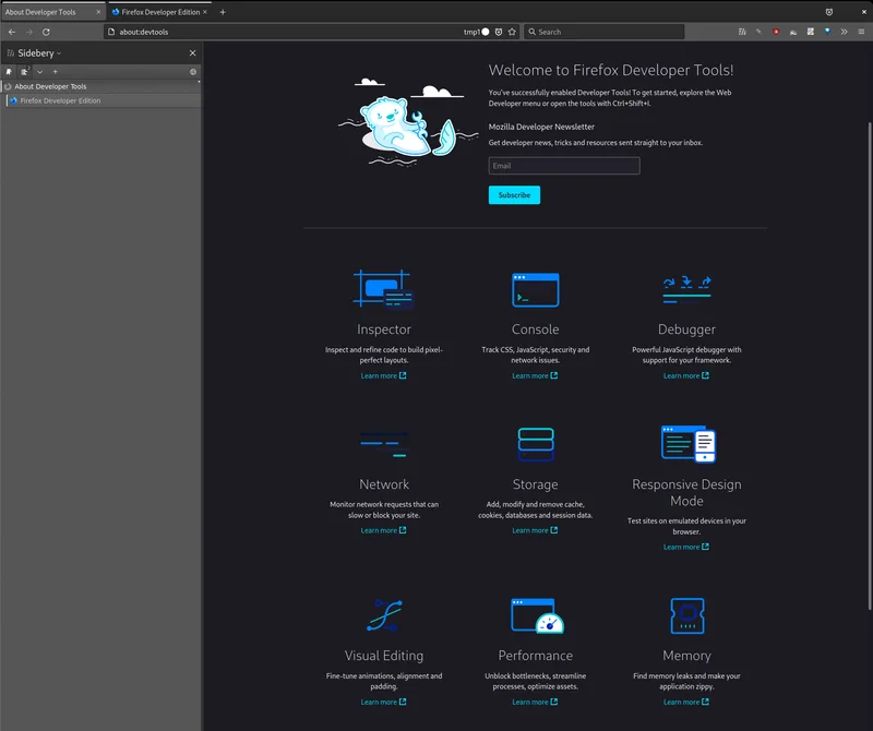 Firefox developer tools welcome screen listing Inspector, Console, Debugger, Network and other panels