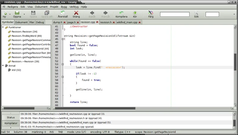 Screenshot of a code editor with a symbol list on the left and a function using a while loop and string search in the main pane