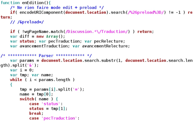 Older style JavaScript in the gvim editor using var declarations, new Array() and a manual query string parser
