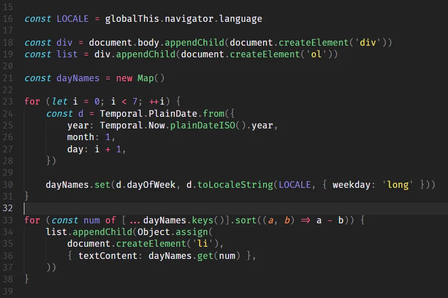 JavaScript code in a dark editor theme that builds a list of weekday names using Temporal.PlainDate and a Map