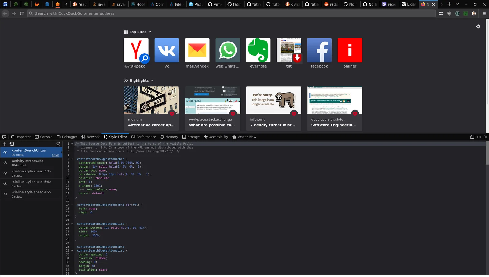 Firefox with developer tools open in the dark theme below the new tab page, showing source code in the debugger