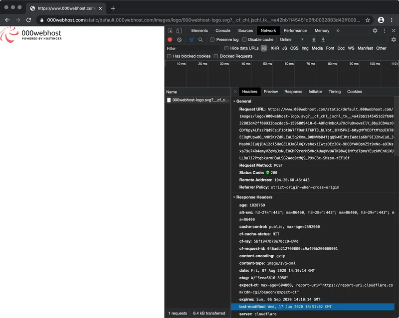 Chromium developer tools Network panel open beside a web page, showing request and response headers for one file