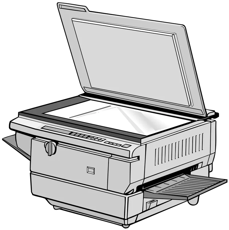 Line drawing of a flatbed photocopier with its lid open and paper trays on both sides