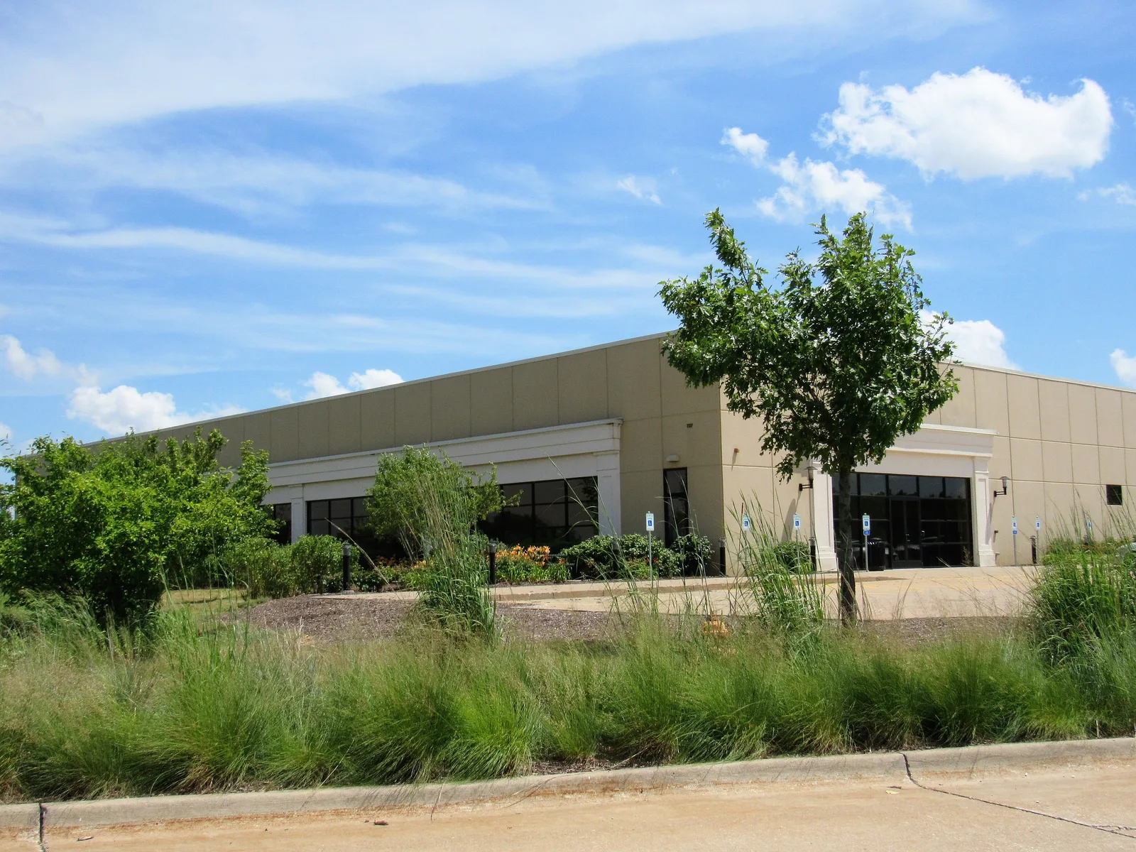 Exterior of a low beige e-commerce fulfilment centre building behind trees and tall grass under a blue sky