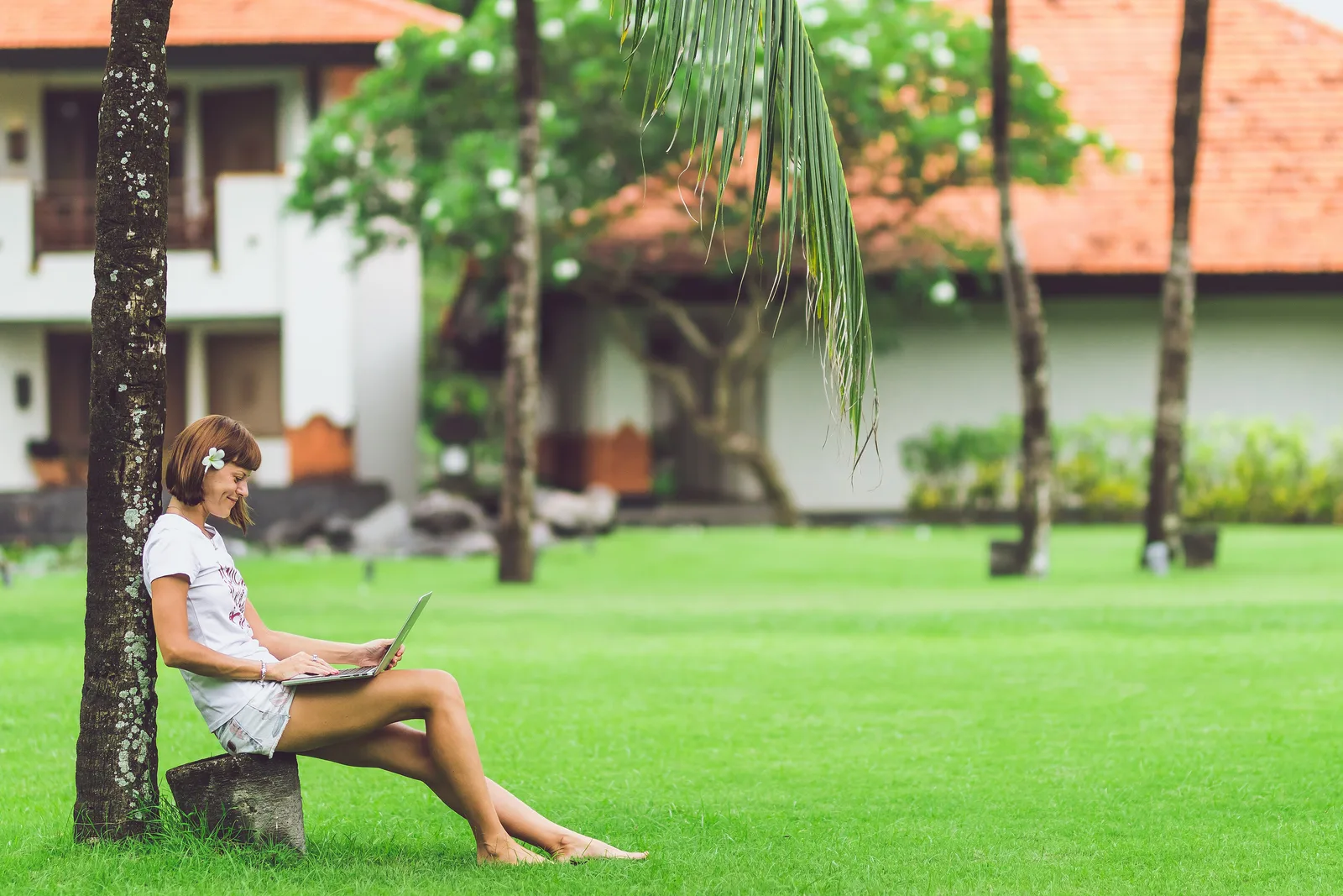 A woman sitting on a tree stump in a green park using a laptop on her knees
