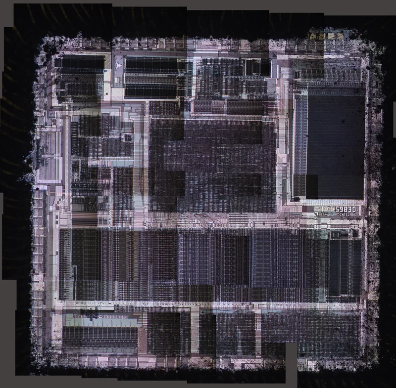 Microscope photograph of an Am386 processor die showing dense blocks of circuitry