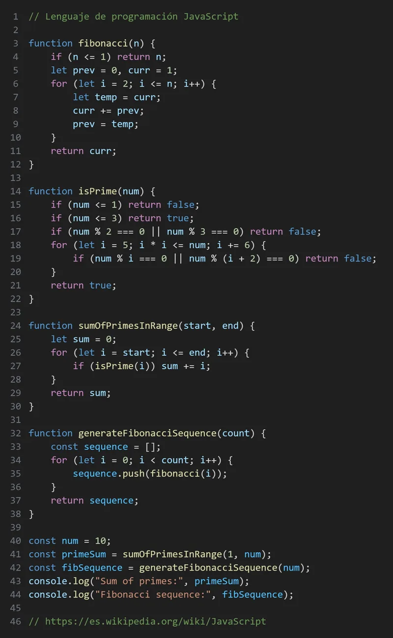 JavaScript functions for Fibonacci numbers and prime checks shown in a dark code editor theme