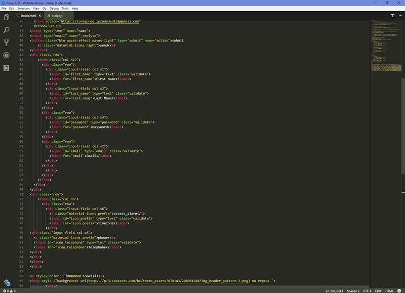 HTML form markup open in the Visual Studio Code editor with a dark theme