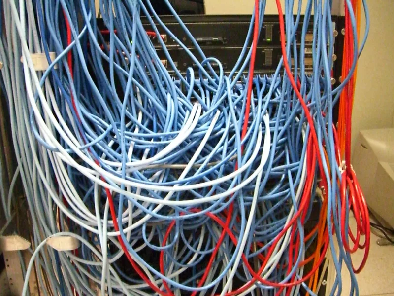 Server rack covered by a tangled mass of blue, white and red network cables