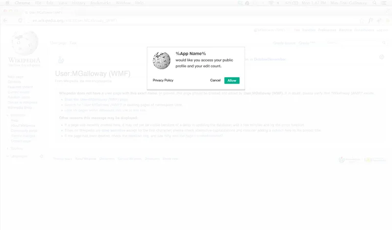 Wikimedia design mockup of an OAuth consent dialog over a Wikipedia page, with a placeholder app name asking for profile access and Cancel and Allow buttons