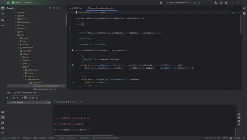 PhpStorm window with a PHPUnit test class open and the run panel below reporting eight passing tests with OK and exit code 0