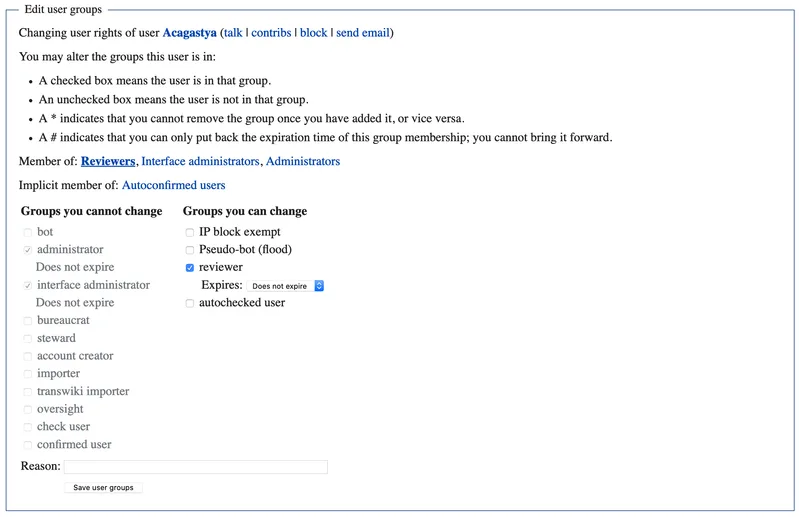 MediaWiki Edit user groups screen listing groups the administrator cannot change and groups they can change, with a reviewer group, an expiry menu and a reason field