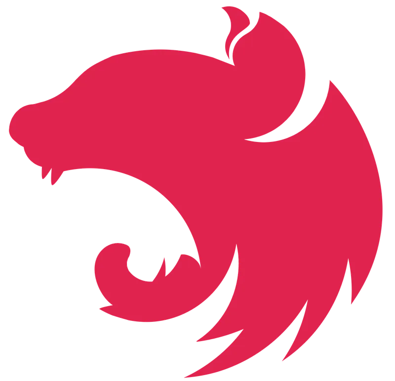 Official NestJS logo: a red stylised feline head curled into a circle with an open mouth and fangs, on a white background