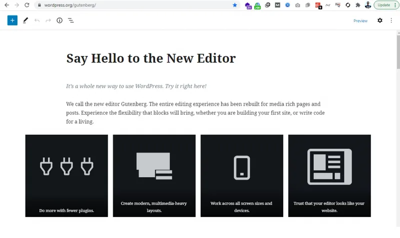 Screenshot of the WordPress block editor demo page with the heading Say Hello to the New Editor and four dark feature tiles below it.