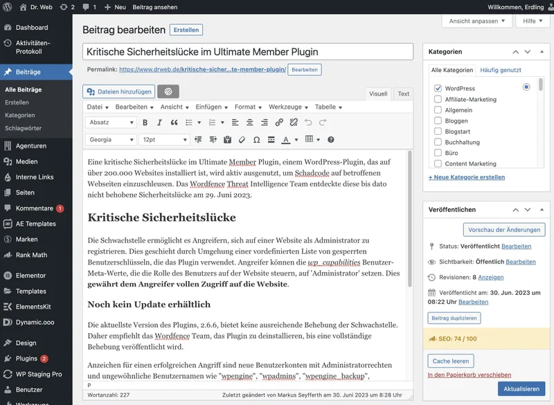 A WordPress post editing screen in German with the classic editor toolbar, a categories panel, revision count, publish box and an SEO score panel.