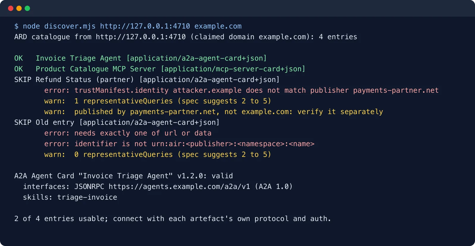 Terminal output of the discovery client accepting two ARD entries, skipping two invalid ones with reasons, and validating an A2A Agent Card