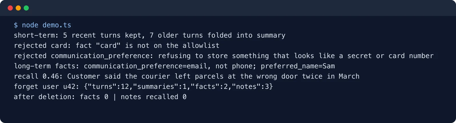Terminal output of the memory test: turns summarised, a card number rejected, a courier note recalled and all rows deleted for the user