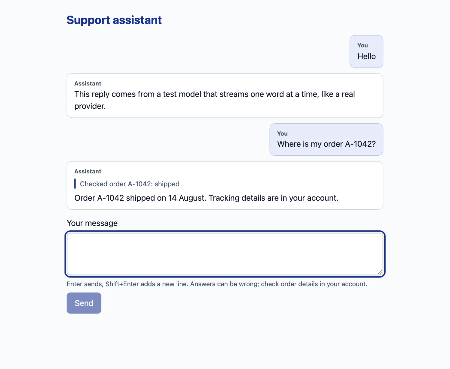 Screenshot of our scratch chat app: a user asks where order A-1042 is, the assistant shows a checked-order note and a reply from a test model.