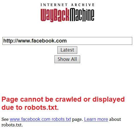 Wayback Machine page for facebook.com showing the red message: Page cannot be crawled or displayed due to robots.txt.