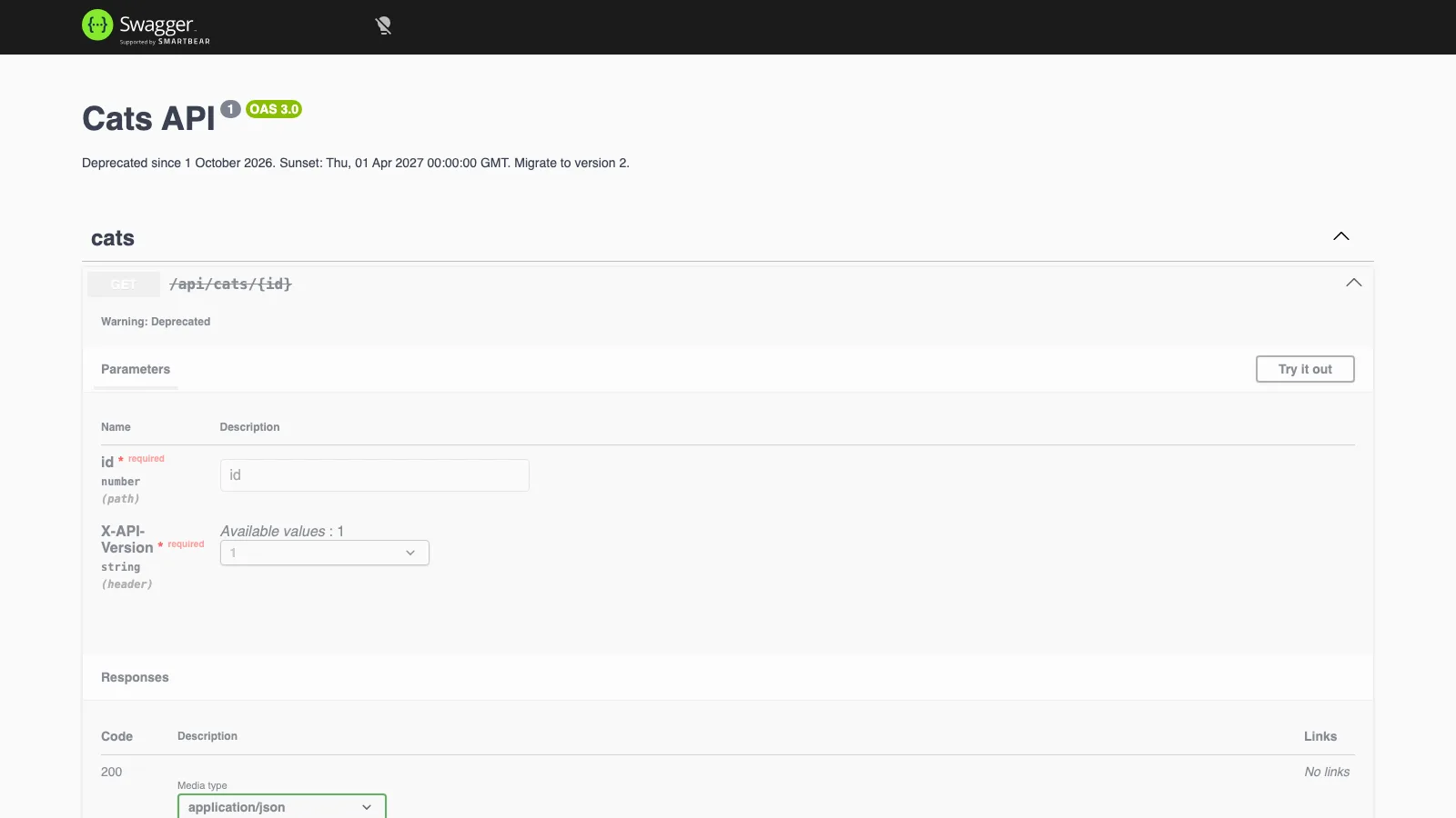 Swagger UI page for Cats API version 1 showing the GET /api/cats/{id} operation struck through as deprecated and a required X-API-Version header parameter