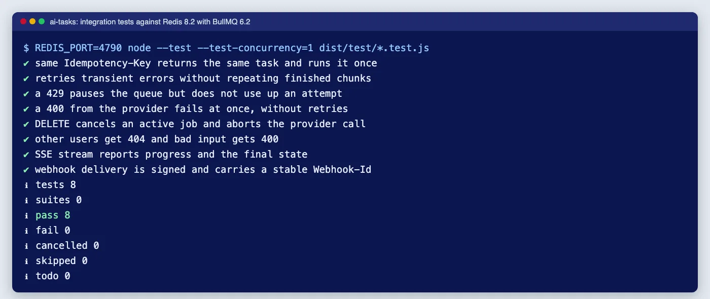 Terminal output showing eight passing BullMQ integration tests: idempotency, retries, 429 handling, 400 failure, cancellation, access checks, SSE and signed webhooks