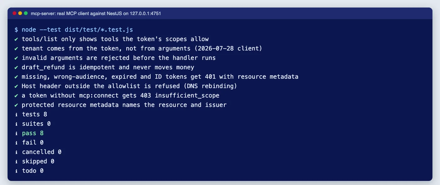 Terminal output showing eight passing MCP end-to-end tests covering scope-filtered tools, tenant isolation, input validation, token checks, Host validation and metadata