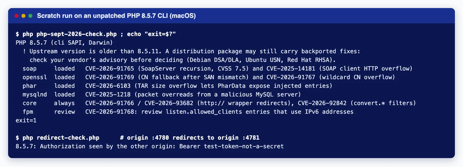 Terminal output of the check script on an unpatched PHP 8.5.7 CLI listing loaded affected extensions, and a test showing an Authorization header reaching another origin