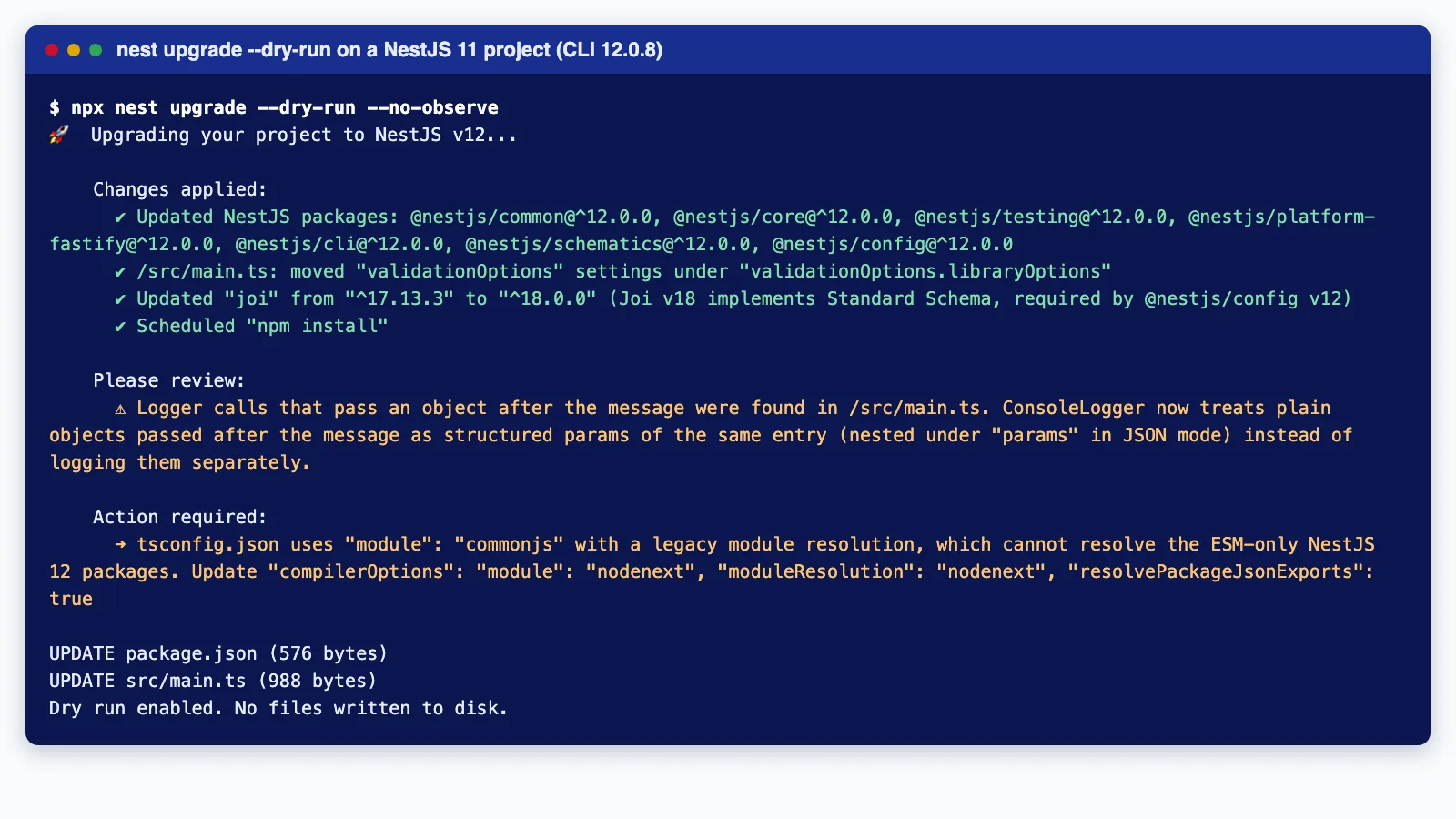 Terminal output of nest upgrade --dry-run on a NestJS 11 project listing package updates, a config migration, a logger warning and a required tsconfig change