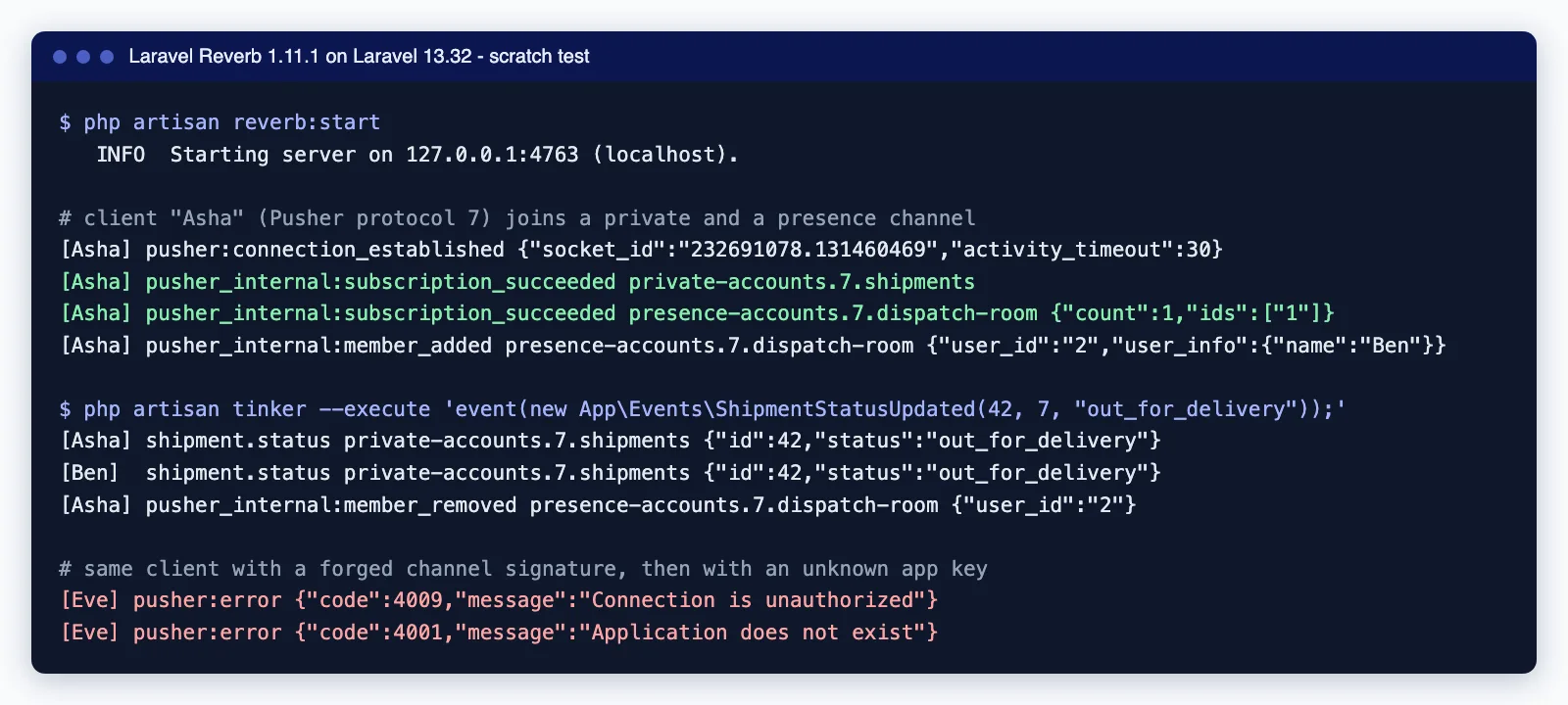 Terminal output from a scratch test: two clients join private and presence channels on Reverb, receive a shipment.status event, and a forged signature is rejected with error 4009